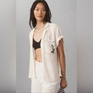 Maeve Cream Short-Sleeve Button-Down Shirt with Chest Pocket